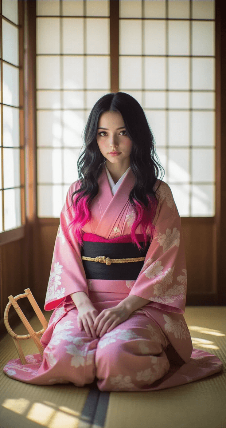 A young woman with wavy black hair and pink tips sits in a traditional Japanese room, wearing Nezuko's pink kimono with floral patterns and a dark obi sash. She is in seiza pose on tatami mats, with a bamboo muzzle prop nearby. Soft afternoon light filters through shoji screens, illuminating the rich textures of her kimono and creating a serene, warm atmosphere.
