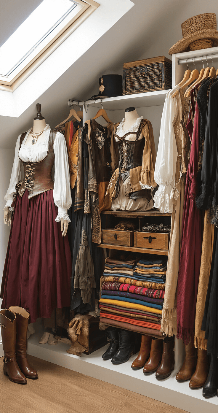 A well-organized walk-in closet illuminated by morning light showcases a woman's pirate costume collection alongside modern wardrobe pieces, featuring white cotton blouses, structured corsets, and color-organized flowing skirts. Various boots, thoughtfully displayed accessories, and rich textures create a harmonious fashion scene.