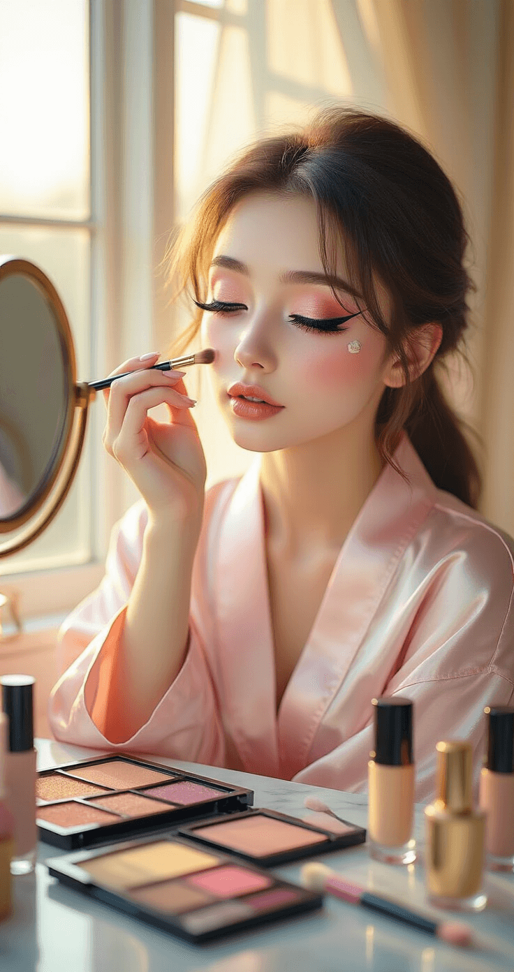 Close-up portrait of a young woman in a pastel pink silk robe applying anime-inspired makeup at a marble vanity, with golden hour sunlight highlighting her half-completed look featuring dramatic winged eyeliner and doll-like features. Makeup tools and colorful palettes surround her, captured in soft focus with warm light reflections.