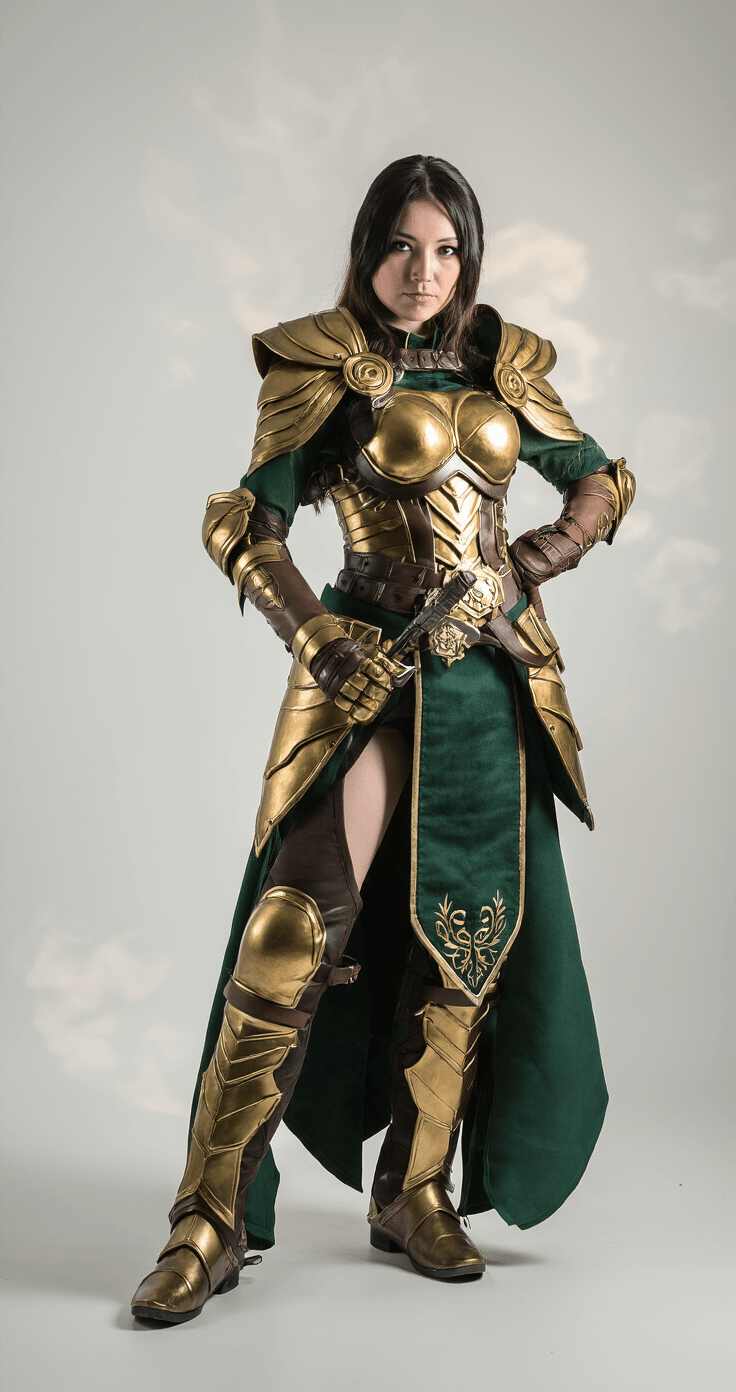 A confident cosplayer poses in a minimalist studio, showcasing an intricate costume with metallic gold and deep forest green armor, highlighted by dramatic lighting that accentuates its detailed textures, including smooth leather and polished metal. The low-angle shot captures her heroic stance against a neutral backdrop, highlighting months of craftsmanship.