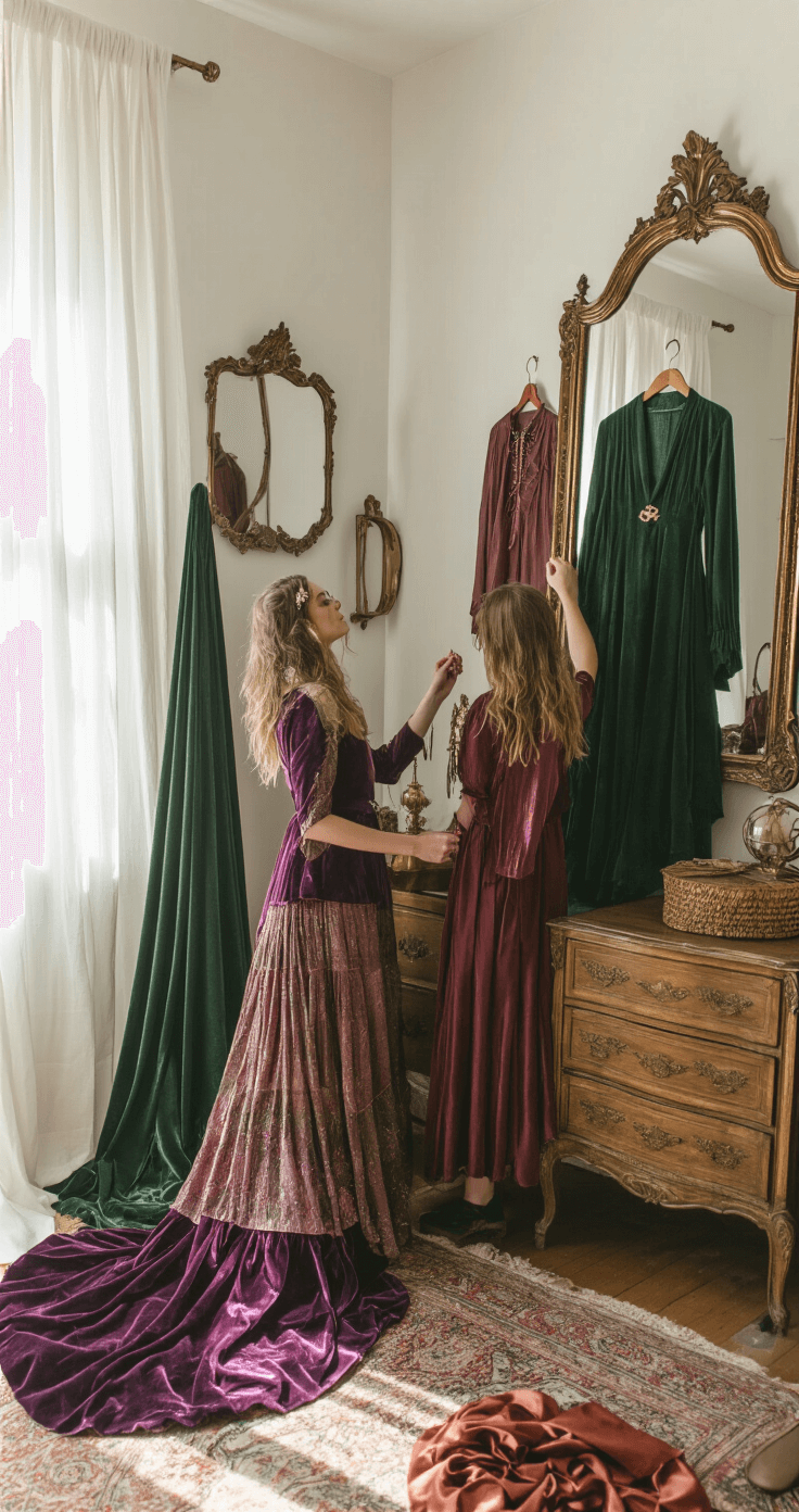 Witch Costume: The Ultimate Fashion A young woman in a bohemian bedroom explores colorful witch costume variations on a vintage brass bed, featuring deep purple, forest green, and burgundy outfits. She holds up a forest green cape while looking in an ornate mirror, with natural light highlighting textures and warm metallic accents amidst plants and crystals.