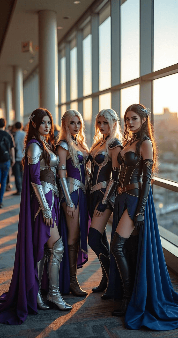 A group of cosplayers in deep purples, silver, and midnight blue outfits gather near large windows at a convention center during golden hour, showcasing intricate costume details and accessories, while the warm light highlights their unique interpretations and the vibrant atmosphere of the cosplay community.