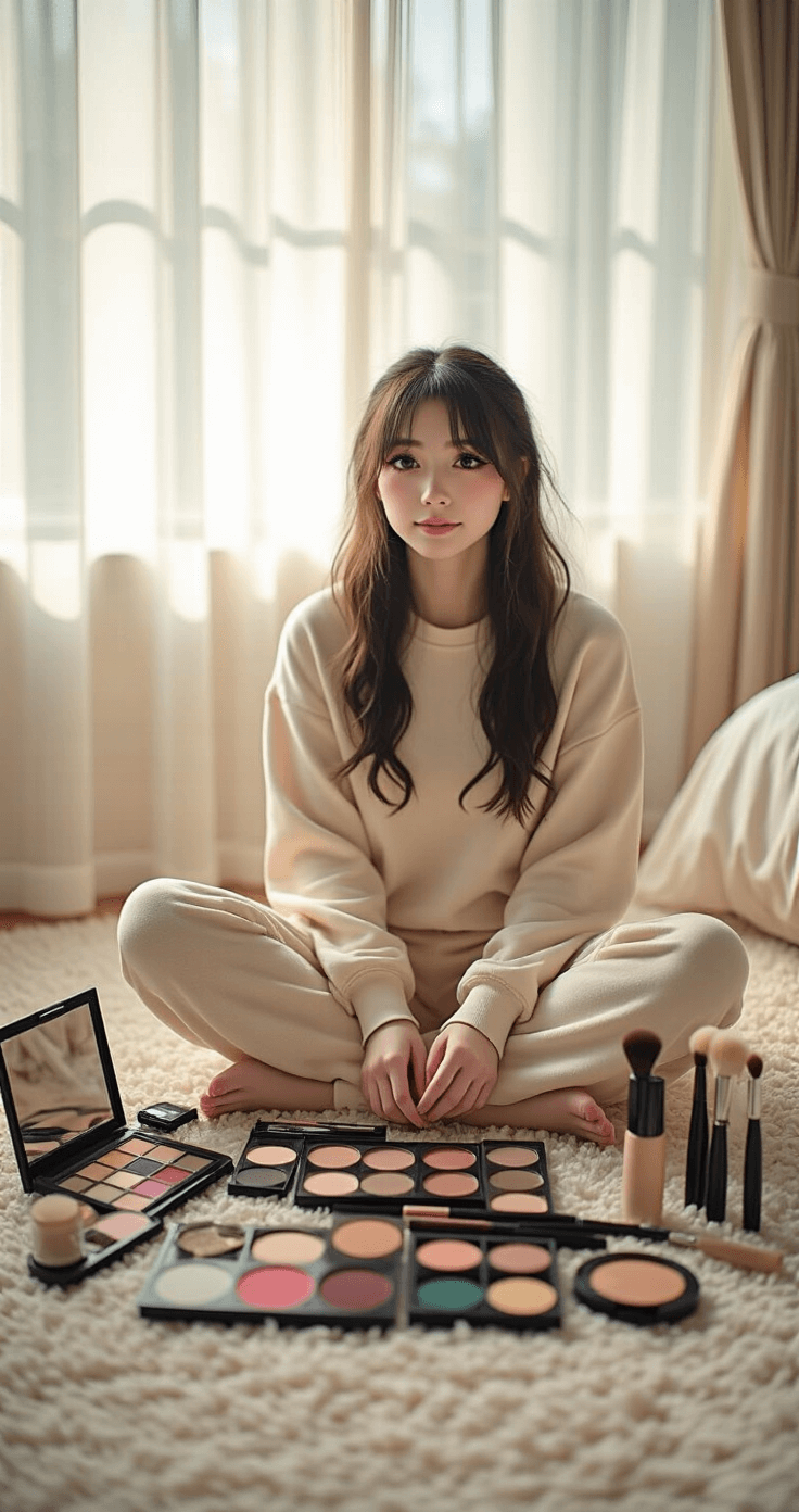 A young woman in cream loungewear organizes her anime cosplay makeup collection in a cozy bedroom, seated cross-legged on a plush carpet. Soft morning light filters through sheer curtains, illuminating an array of makeup supplies including foundations, eyeshadow palettes, false lashes, colored contact lenses, and makeup brushes, as she methodically prepares for her transformation.