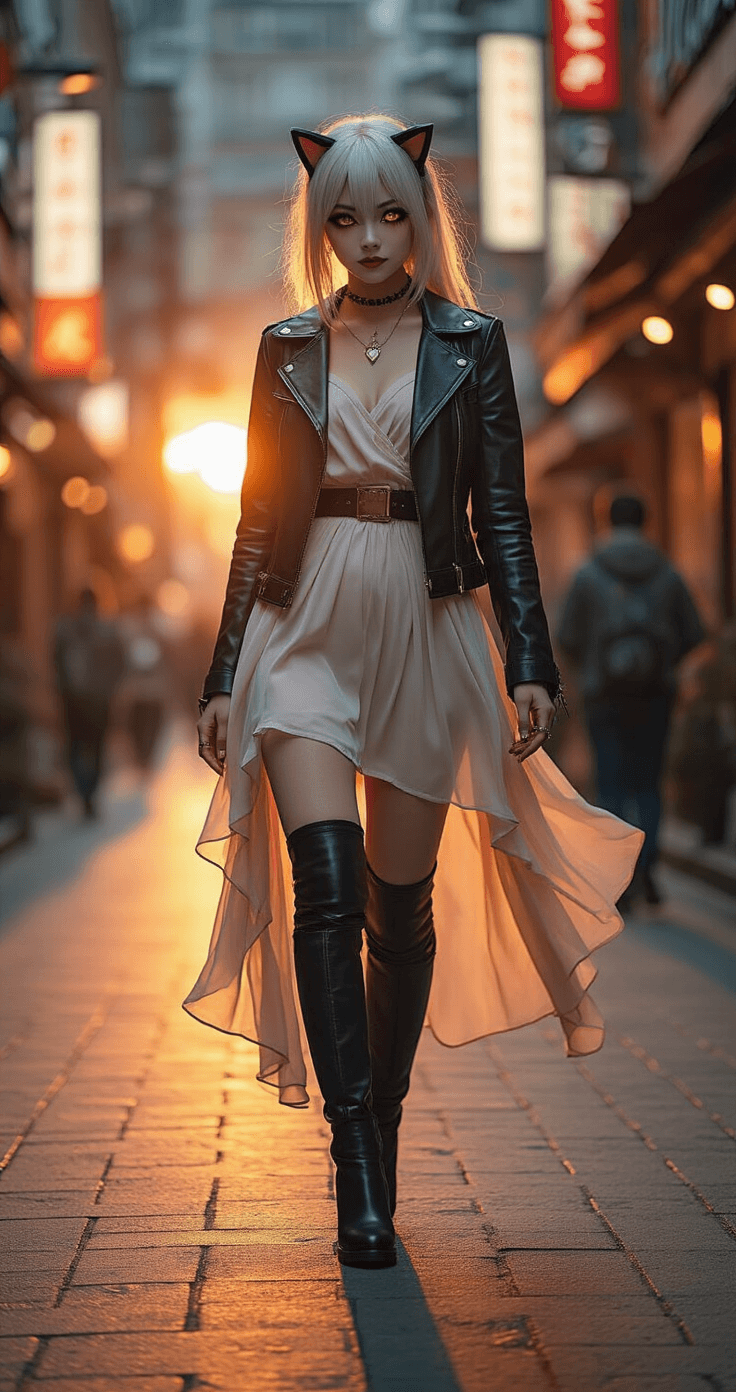 A confident cosplayer in vibrant urban attire, embodying an anime character during golden hour, with dramatic side-lighting accentuating her fitted leather jacket over a chiffon dress, thigh-high boots, and detailed makeup showcasing an anime transformation.