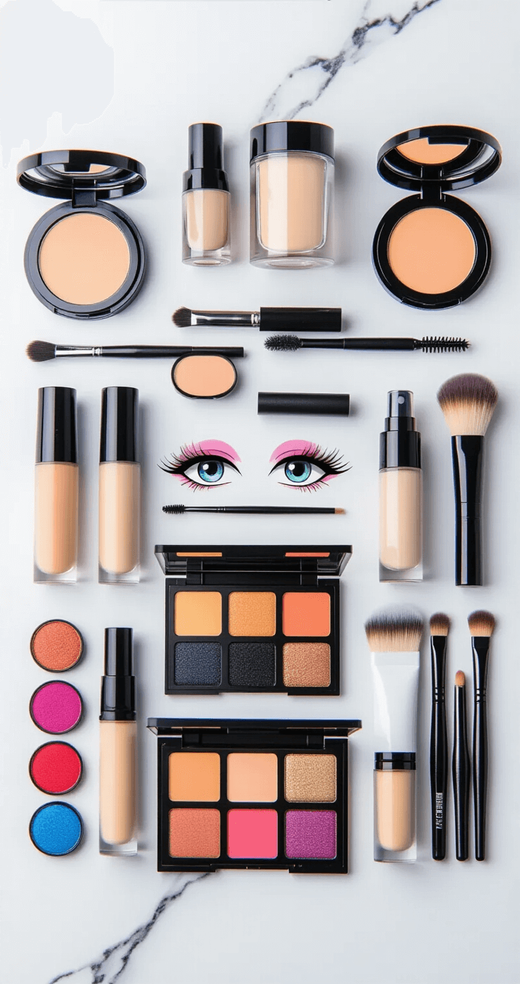 Flat-lay arrangement of anime cosplay makeup supplies on a white marble surface, featuring foundation, concealers, eyeliners, false lashes, colored contact lenses, vibrant eyeshadow palettes, brow blocking products, setting sprays, and precision tools, all photographed with macro detail under bright studio lighting.