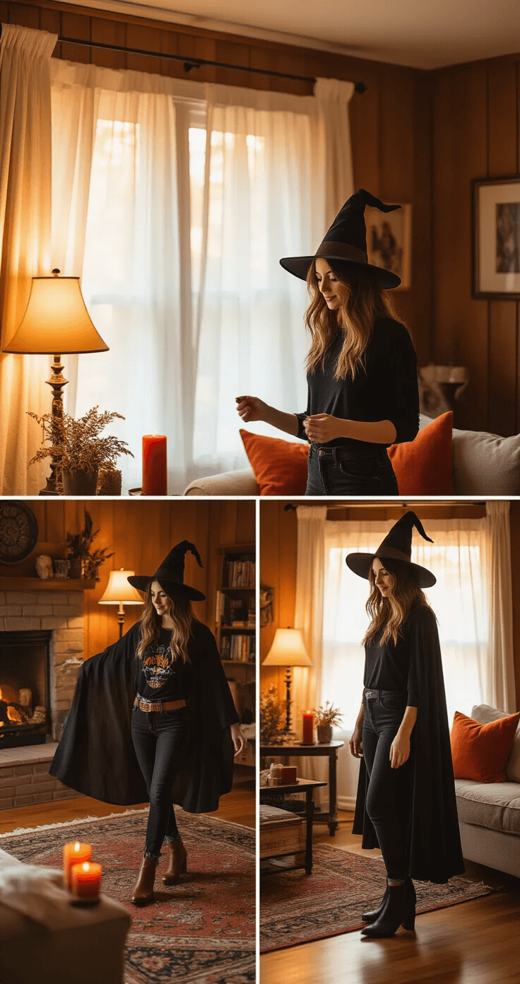 Witch Costume: The Ultimate Fashion A cozy autumn living room with a woman styling witch costumes for social media, featuring warm wood tones, soft ambient lighting, and golden hour sunlight filtering through sheer curtains. The scene includes casual and elegant witch outfits, textured fabrics, autumn accents, and props for content creation.
