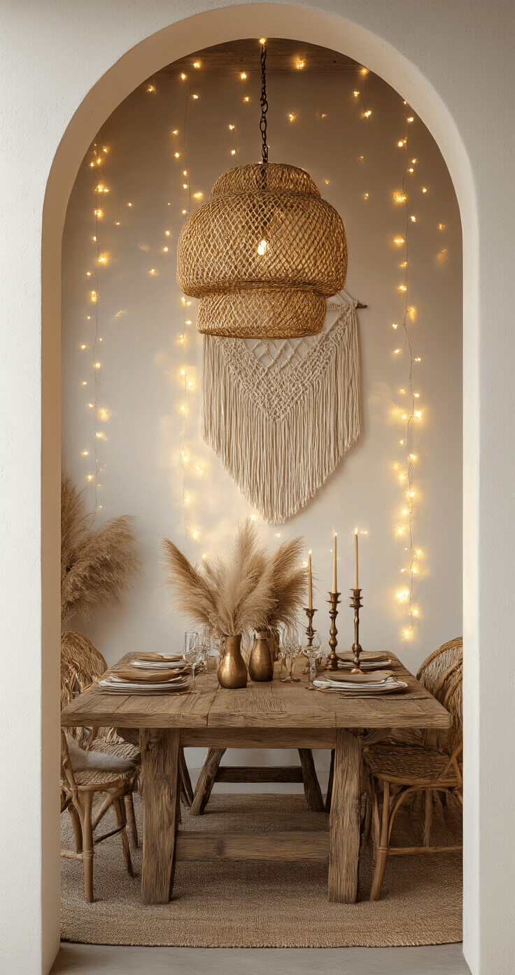 Magical DIY Fairy Lights: Transform Your Space with Enchanting Illumination A cozy boho dining room at sunset, featuring a rustic wooden table adorned with vintage brass candlesticks and dried pampas grass. An architectural archway frames the scene, with macramé wall hangings intertwined with fairy lights casting organic light patterns. A rattan pendant lamp, also wrapped in fairy lights, adds to the warm ambiance, as golden hour light mingles with warm white LED twinkles, enhancing the textural elements of the space.