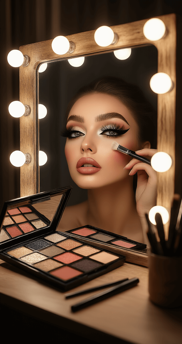 The Ultimate Guide to Cosplay Makeup: Transform Into Your Favorite Characters A cozy vanity corner illuminated with LED lights showcases a vintage-style mirror and a dramatic eye makeup transformation, depicting false eyelashes, bold eyeshadow palettes, and precision eyeliner tools. Detailed focus on techniques for blocking out natural brows and crafting specific eye shapes.