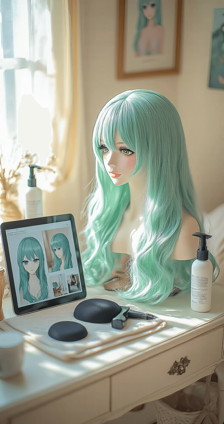 Your Ultimate Guide to 2025 Cosplay Trends: From Closet to Convention-Ready Cozy living room corner set up as a wig-styling station, featuring a styling head with a mint-green Genshin Impact wig, illuminated by natural daylight. Surrounding items include wig caps, styling products, a tablet with reference photos, and neatly arranged heat tools on a vintage vanity, captured with a shallow depth of field emphasizing the detailed wig work.