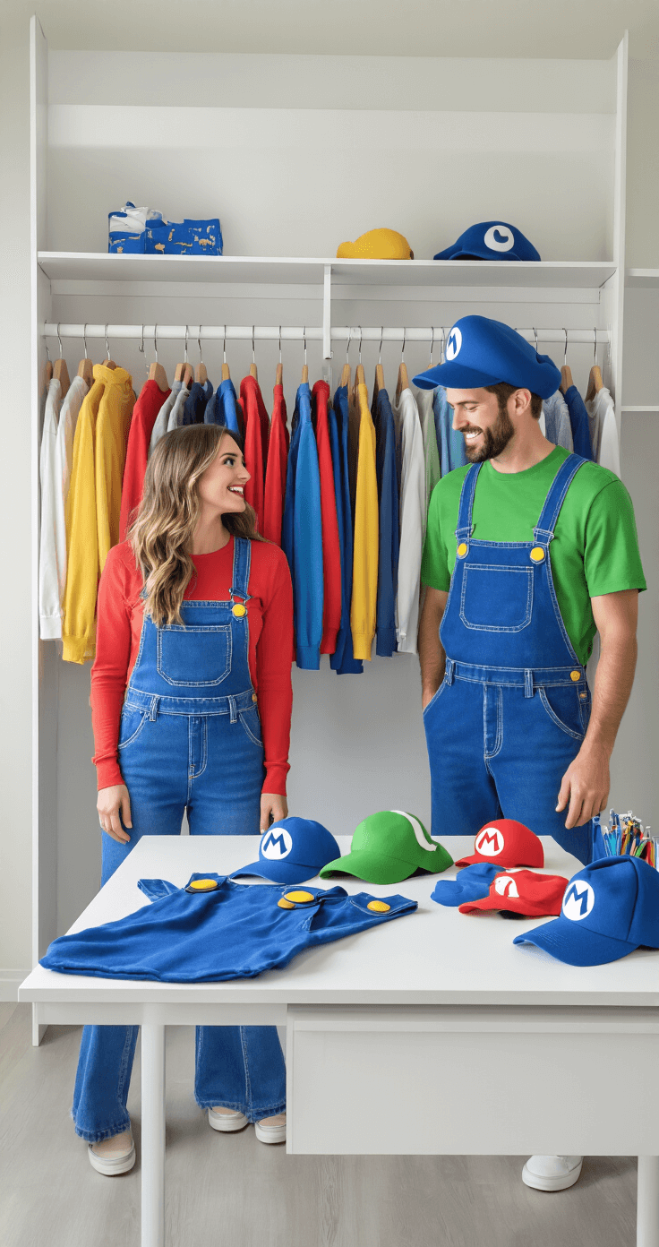 A bright, minimalist dressing room featuring organized costume racks where a couple tries on colorful Mario and Luigi costumes. Classic blue overalls, character hats, and accessories are arranged neatly on a white styling table, highlighting the costume details in an editorial-style setting.