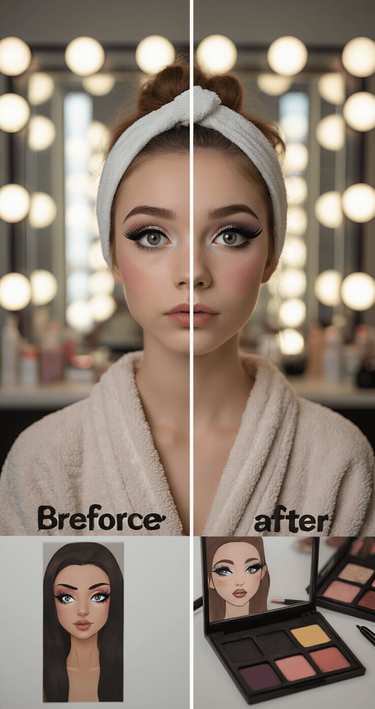 A young woman in a well-appointed makeup room, illuminated by Hollywood-style vanity lighting, shows a before-and-after transformation: one side of her face with natural makeup and the other with dramatic anime-inspired features, including enlarged eyes and bold eyeliner. She wears a cotton headband and robe, surrounded by makeup tools and reference images, highlighted by professional lighting for a flattering effect.