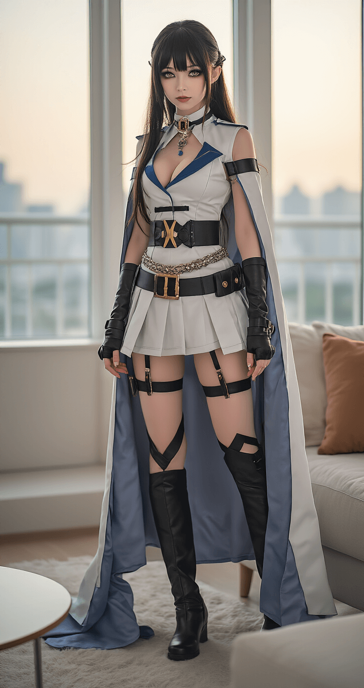 A confident cosplayer in a detailed anime character costume poses in a modern minimalist living room, illuminated by soft evening light. The outfit features layered textures, a flowing cape, leather accessories, and character jewelry. She showcases a makeup transformation with enlarged eyes and flawless skin, standing gracefully among contemporary furniture, embodying self-expression through cosplay.
