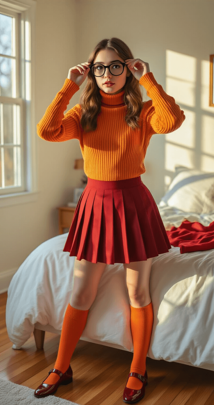 Jinkies! How to Rock the Perfect Velma Cosplay Like a Total Mystery-Solving Pro A young woman tries on a Velma cosplay outfit in a spacious, sunlit bedroom, featuring a vibrant orange sweater, red mini skirt, orange knee-high socks, and burgundy Mary Jane shoes, while adjusting her thick-rimmed glasses.