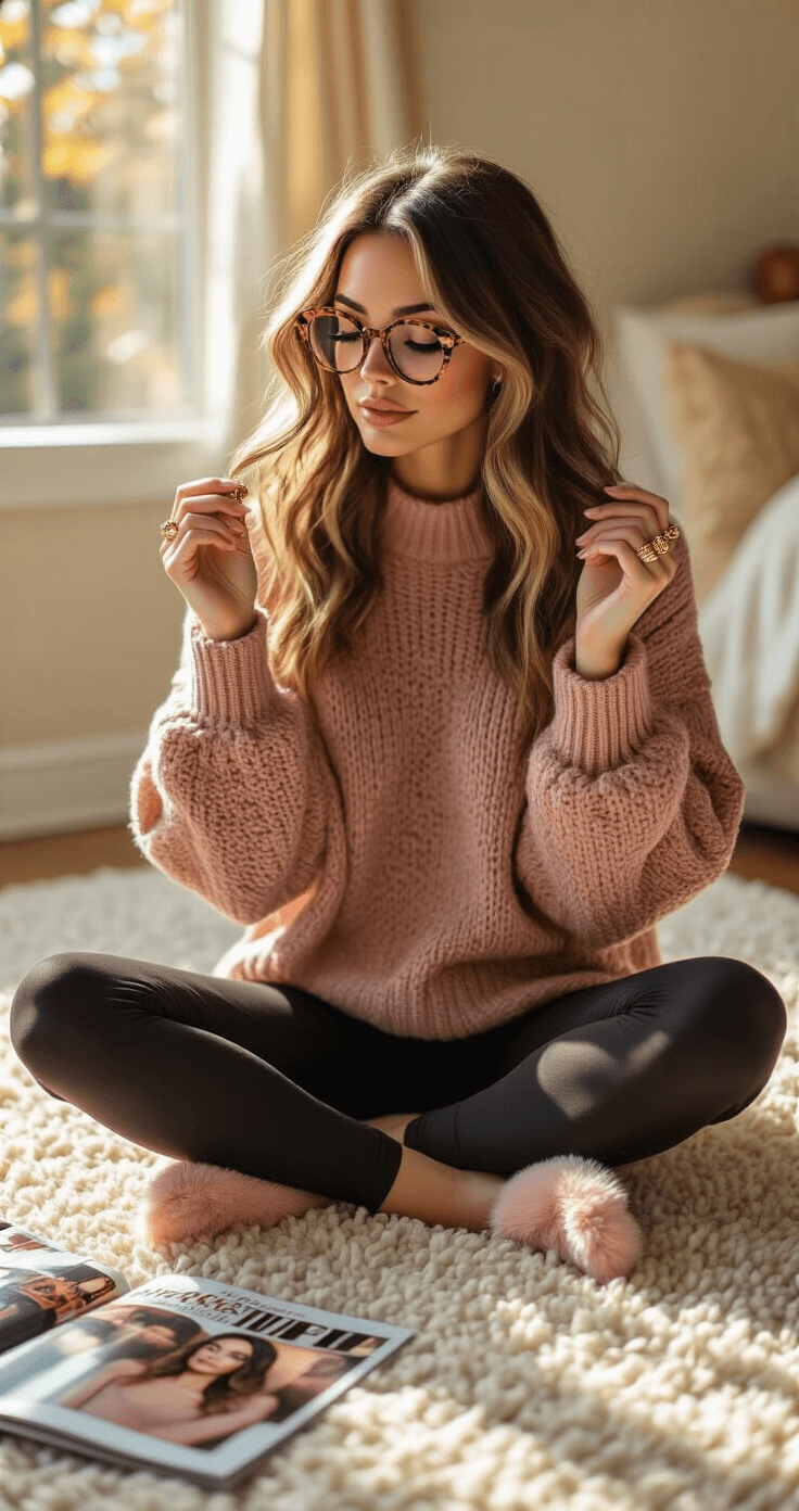 Mastering Cosplay Wig Styling: Your Ultimate Guide to Transformative Hair Magic A stylish woman in a dusty rose oversized sweater and fitted black yoga pants sits cross-legged on a cream carpet in a sunlit bedroom corner, examining a colorful synthetic wig while surrounded by fashion magazines and styling references.