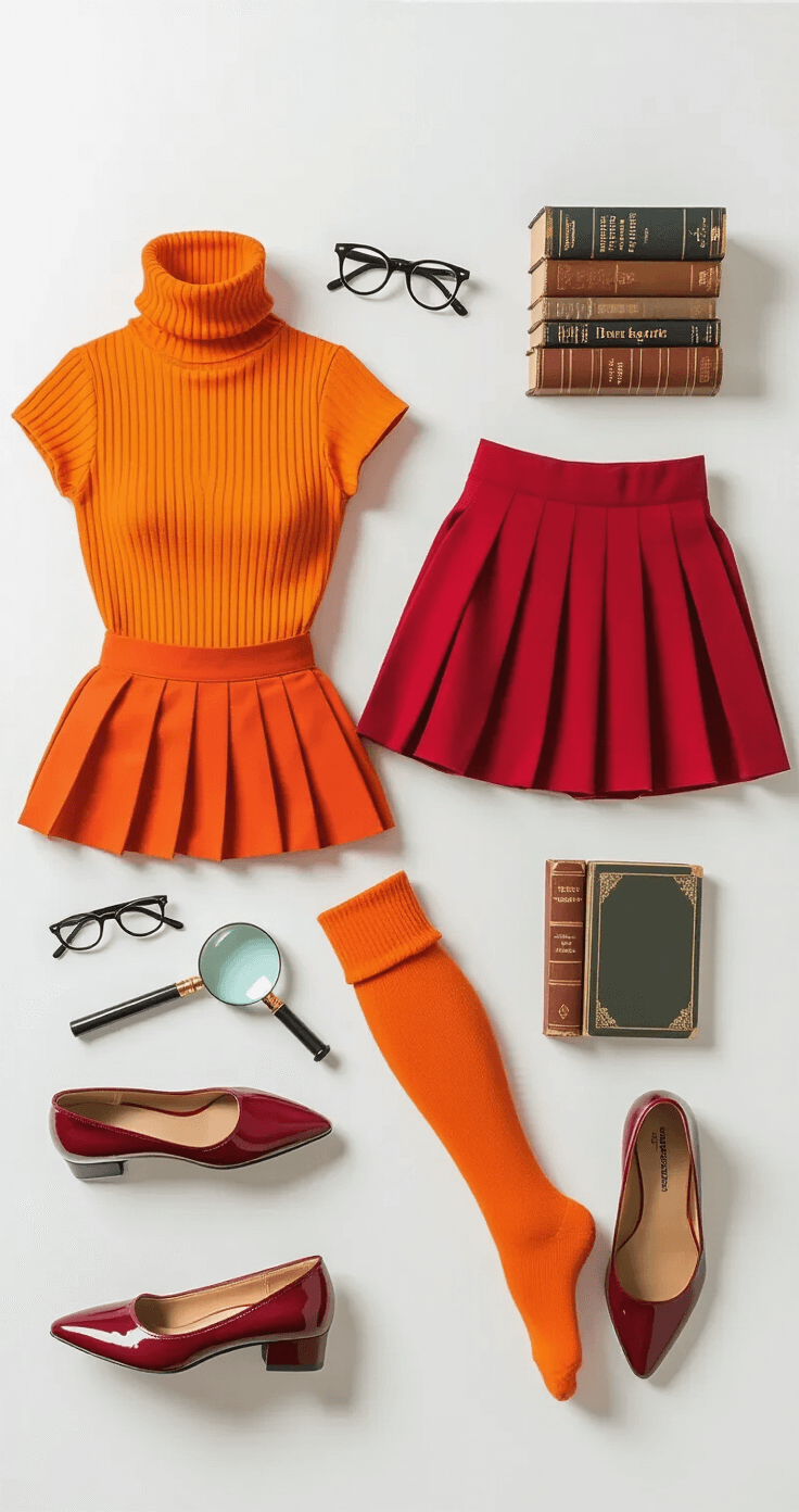Jinkies! How to Rock the Perfect Velma Cosplay Like a Total Mystery-Solving Pro A minimalist flat-lay setup of Velma cosplay elements on a clean white surface, featuring an orange turtleneck, red pleated skirt, orange knee-high socks, burgundy Mary Jane shoes, thick-rimmed glasses, a vintage magnifying glass, and mystery books, all arranged with professional lighting to highlight textures and colors.