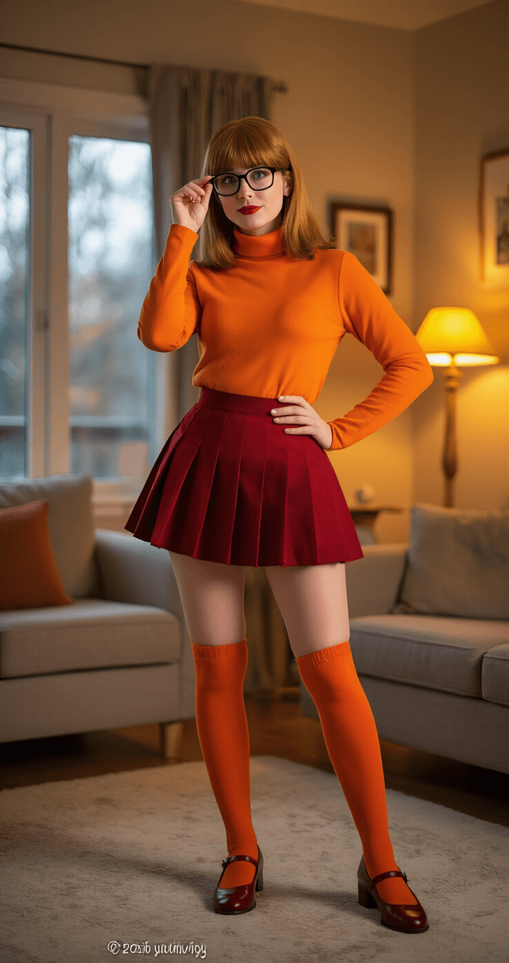 Jinkies! How to Rock the Perfect Velma Cosplay Like a Total Mystery-Solving Pro A woman in a Velma cosplay outfit stands confidently in a cozy living room, adjusting her glasses with a slight smile. The warm amber lighting enhances the intimate atmosphere, while neutral furniture and wooden accents create a comfortable backdrop. The focus is on her expression and gesture, with the background softly blurred.