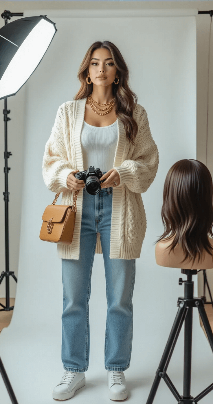 Mastering Cosplay Wig Styling: Your Ultimate Guide to Transformative Hair Magic A woman in modern streetwear, wearing an oversized cream cable-knit cardigan and medium-wash jeans, adjusts her camera settings in a bright photography studio with a white backdrop. A styled wig is positioned on a stand nearby, and she accessorizes with layered gold necklaces and a structured tan leather crossbody bag, creating a contrast between cozy textures and the professional setting.