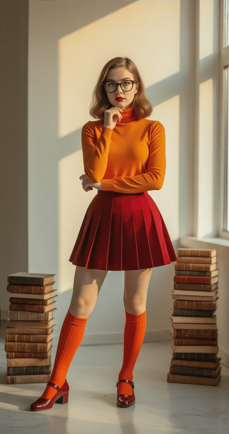 Jinkies! How to Rock the Perfect Velma Cosplay Like a Total Mystery-Solving Pro A woman in Velma cosplay poses confidently in a modern, well-lit space during golden hour, wearing a vibrant orange turtleneck, red pleated skirt, orange socks, and burgundy Mary Jane shoes, with thick glasses. She rests her hand on her chin in a classic thinking pose, surrounded by vintage books, against a clean, minimalist background. The image showcases rich color saturation and soft shadows created by natural window light.