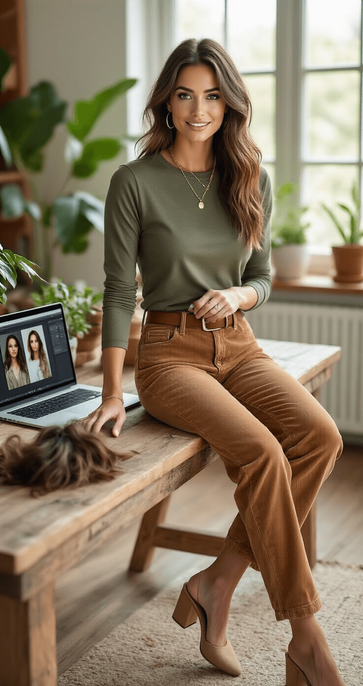 Mastering Cosplay Wig Styling: Your Ultimate Guide to Transformative Hair Magic A woman in a casual-chic outfit styles wigs in an inspiring home office with natural wood accents and plants, showcasing before-and-after examples on a rustic desk while using a laptop in soft natural light.