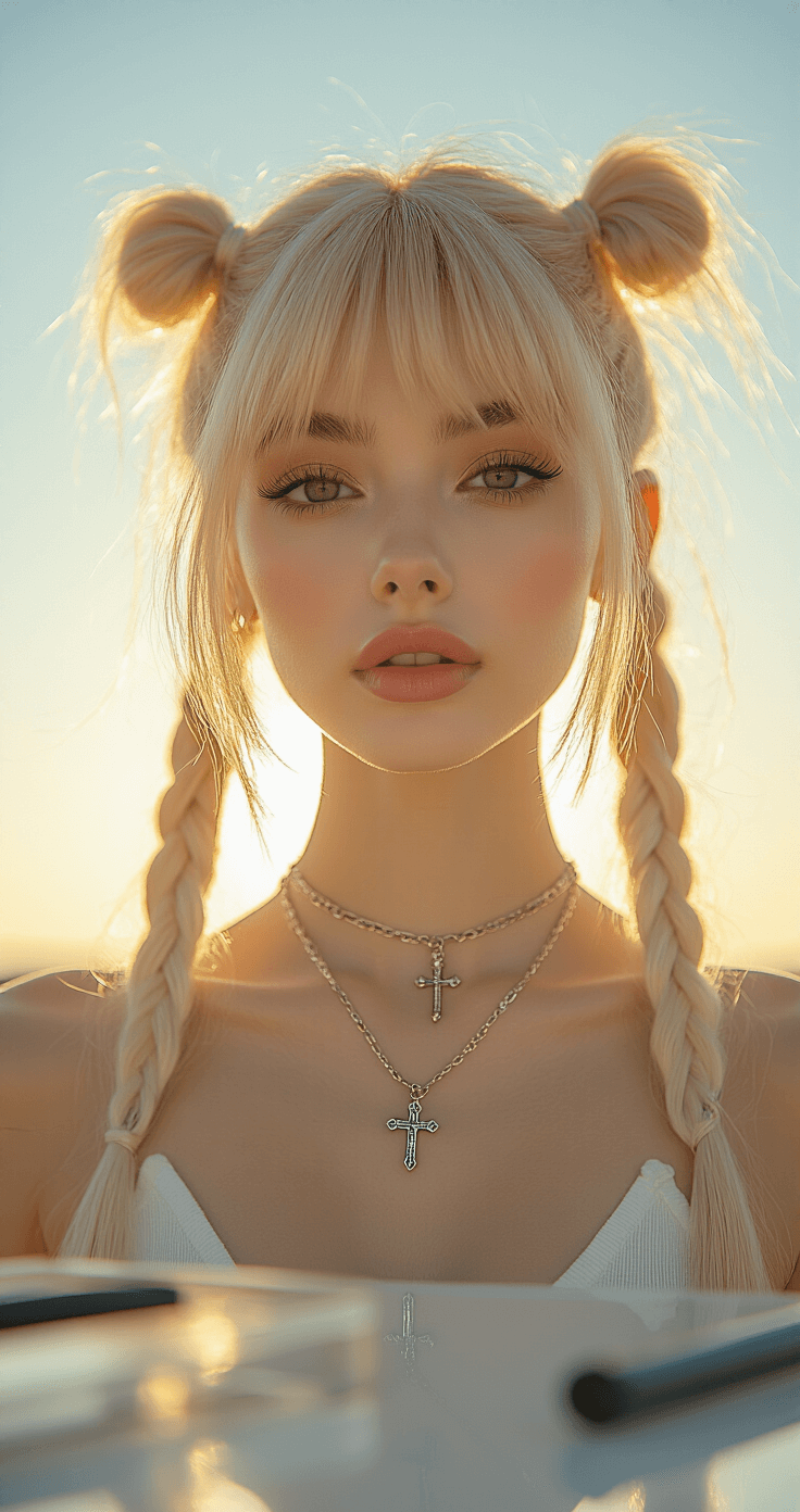 Close-up of a model in a minimalist white studio showcasing a styled Misa Amane wig in high pigtails with bangs, illuminated by golden hour light. The scene features professional styling tools on an acrylic table, with the model wearing layered cross pendant necklaces against her porcelain skin. Shallow depth of field emphasizes the wig's silky texture and the metallic gleam of her gothic accessories.