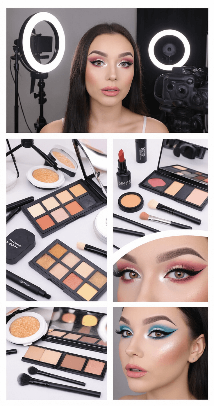 The Ultimate Guide to Cosplay Makeup: Transform Into Your Favorite Characters A modern beauty influencer's filming space featuring ring lights and professional camera gear, with an organized display of contouring products emphasizing cool tones, and close-up shots highlighting dramatic anime-style makeup techniques.