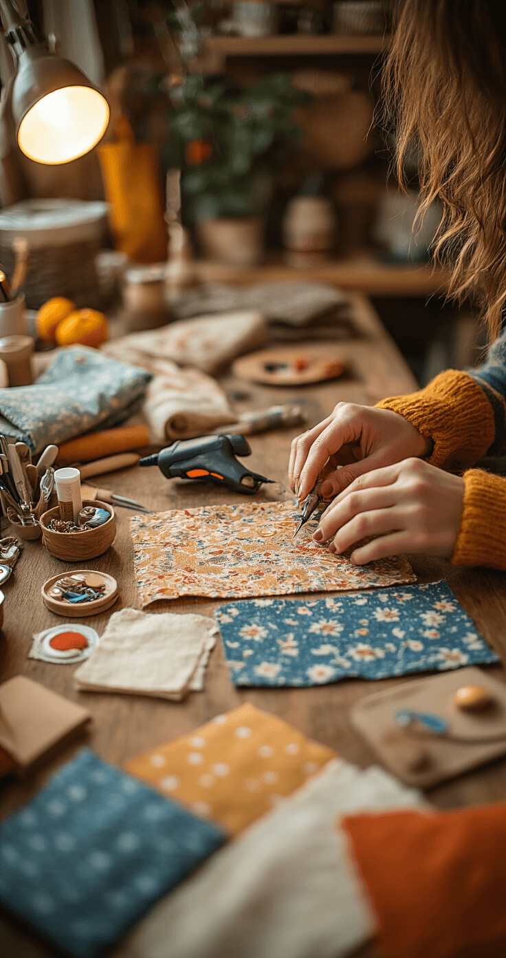 Cozy home studio with warm lighting showcasing a close-up of a couple preparing DIY costumes, featuring fabric swatches, craft supplies, and a hot glue gun on a wooden workbench, highlighting their hands working on custom accessories.
