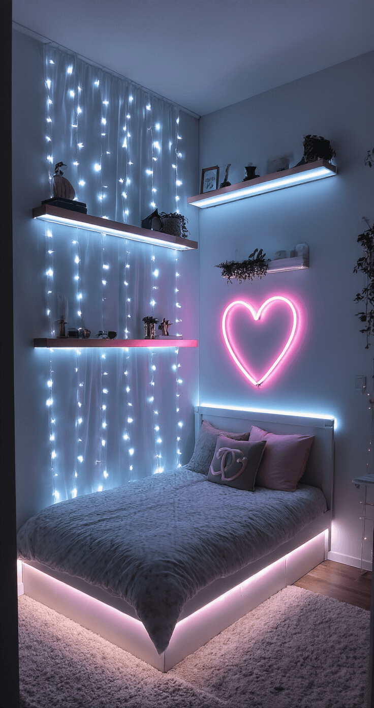 Magical DIY Fairy Lights: Transform Your Space with Enchanting Illumination A stylish teen bedroom featuring an accent wall, floor-to-ceiling fairy light curtain behind a platform bed, LED strip lights framing floating shelves, and a neon heart sign. The room is enhanced by rose gold metallic accents, captured in an evening setting with vibrant artificial lighting, showcasing a modern and youthful ambiance.