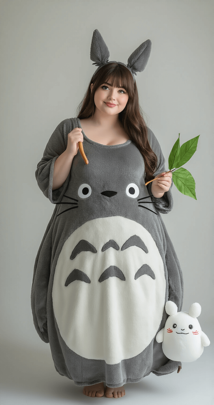 Your Ultimate Guide to 2025 Cosplay Trends: From Closet to Convention-Ready A plus-size cosplayer confidently poses in a Totoro-inspired gray dress, surrounded by a minimal studio backdrop. She holds a leaf umbrella and has a small white Totoro plush by her side, with soft lighting highlighting the fabric's texture and character details.