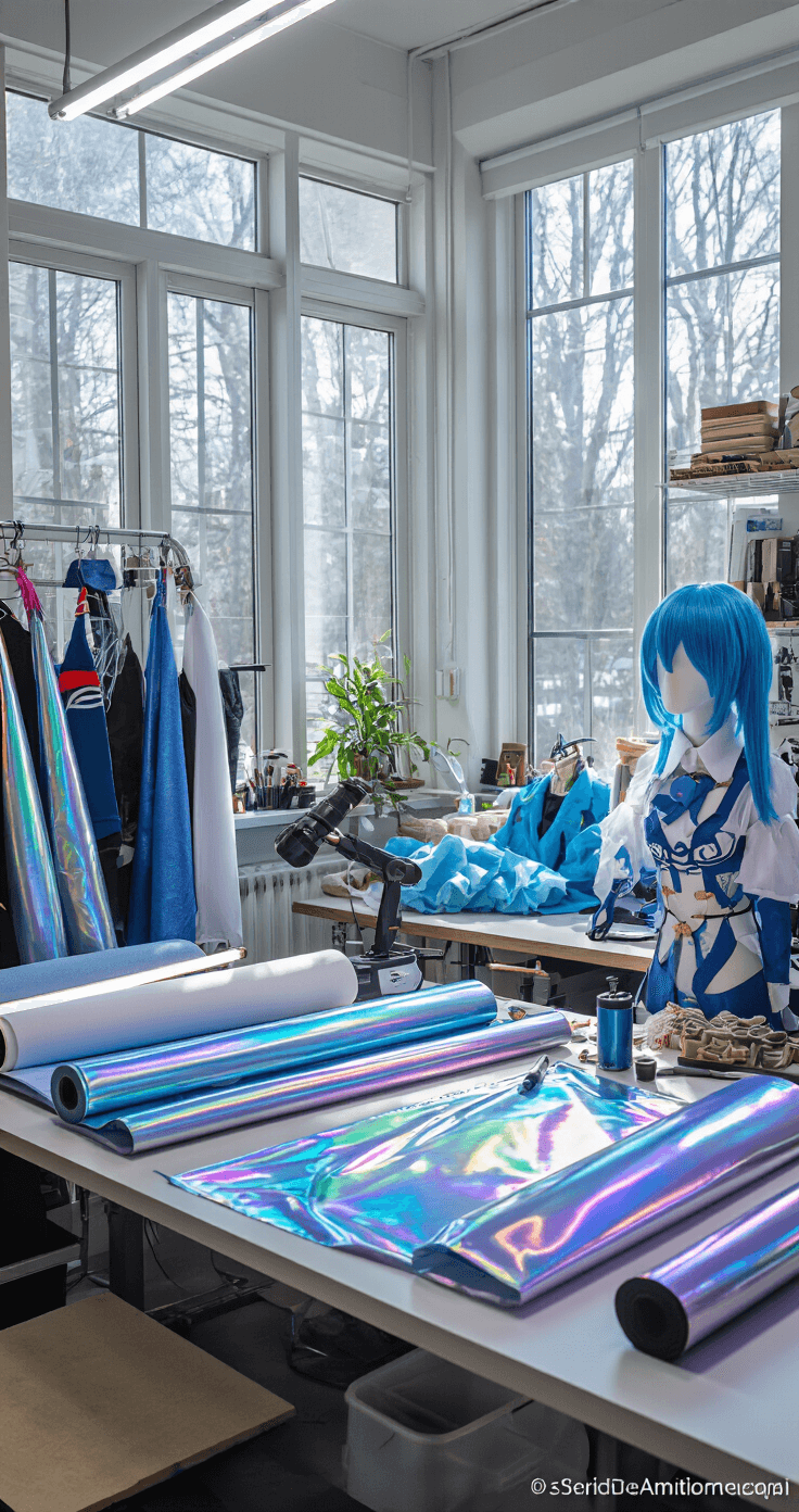 A bright cosplay workshop with floor-to-ceiling windows, featuring organized costume materials including iridescent fabric, EVA foam sheets, and a styled blue anime wig on a wig head. The workspace is illuminated by LED light strips and displays various crafting tools, captured from a 45-degree elevated angle in photorealistic detail.