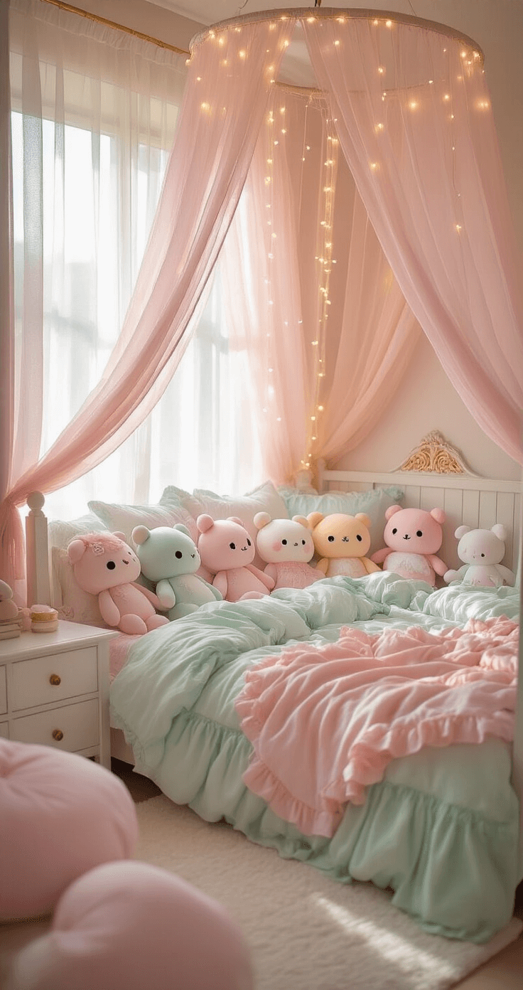 Kawaii Room Decor: Create Your Pastel Paradise of Cuteness and Comfort A dreamy bedroom with late morning sunlight filtering through pink sheer curtains, featuring a queen-size bed with ruffled mint green and baby pink bedding, surrounded by kawaii plushies and cloud-shaped pillows. White wooden furniture with gold accents complements the scene, while fairy lights hang from a circular canopy above, creating a soft, ethereal atmosphere.