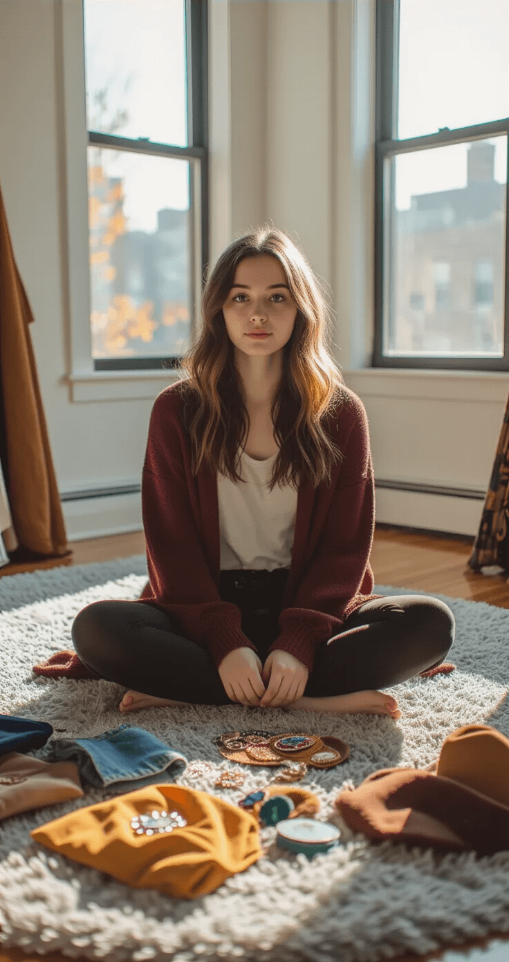 A young woman in a burgundy cardigan sits cross-legged on a gray rug in a sunlit apartment living room, surrounded by thrifted costume pieces and craft supplies, organizing accessories and DIY materials in a cozy, creative atmosphere.