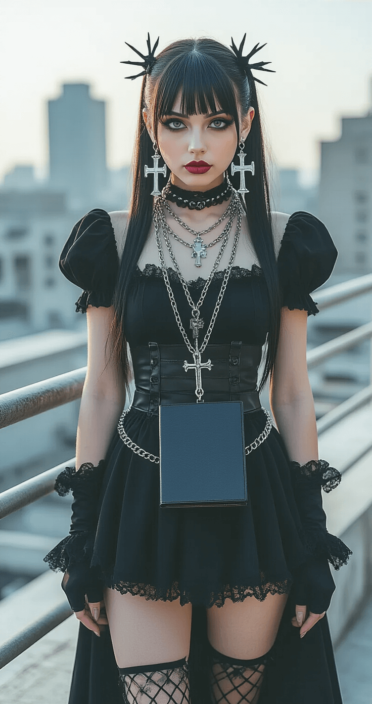 A confident cosplayer embodies Misa's accessories collection on an urban rooftop, showcasing halberd earrings and layered cross pendant necklaces against industrial metal railings. Holding a prop Death Note, her gothic outfit contrasts with soft pink lips and circle lenses, captured from a low angle to highlight the edgy yet delicate aesthetic.