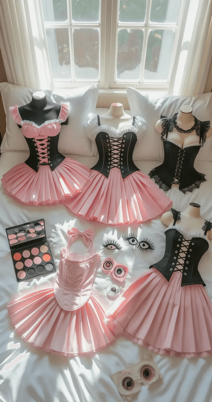 A cozy bedroom scene featuring budget-friendly Misa cosplay pieces on white bedding, including pink pleated skirts, black corset tops, gothic accessories, circle lens cases, false eyelashes, and soft pink makeup palettes, all arranged to highlight DIY cosplay preparation in soft window light.