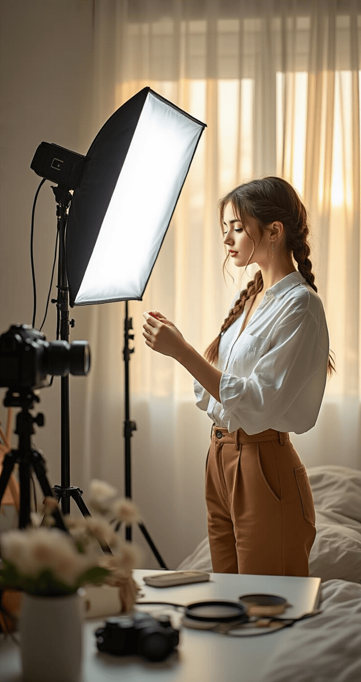 A young woman in a modern bedroom adjusts a ring light for a cosplay photoshoot, with golden hour light filtering through gauze curtains, blending with cool LED illumination. She wears a white button-down shirt and camel-colored trousers, surrounded by organized photography equipment on a minimalist desk, creating a sophisticated atmosphere for her shoot.
