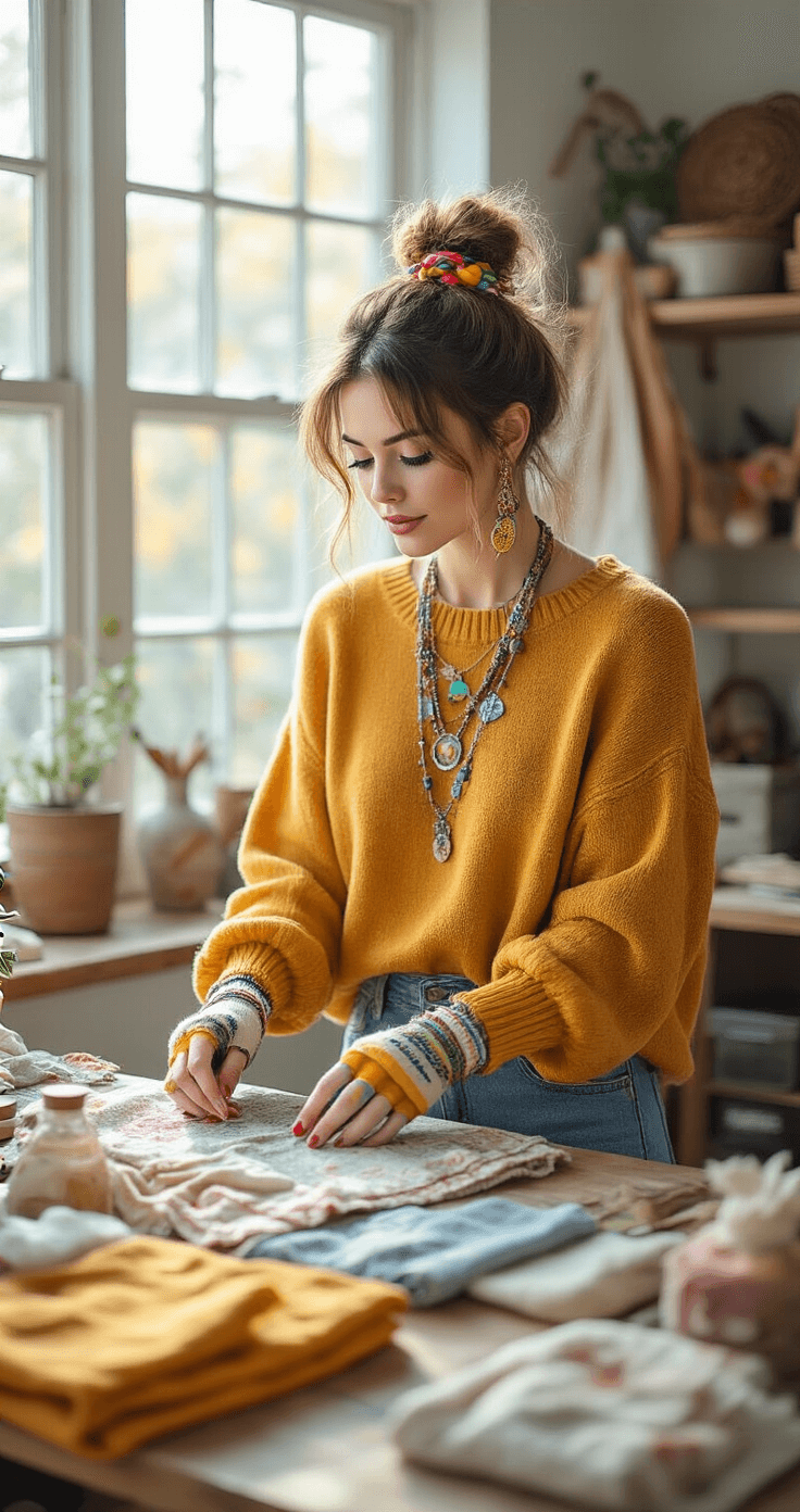 Unique Couple Halloween Costumes for 2025: Creativity Meets Pop Culture A creative woman in a cozy craft room, styling budget-friendly Halloween looks while wearing a mustard oversized sweater and distressed jeans. Surrounded by DIY costume materials and fabric swatches, she organizes crafting supplies on a well-lit wooden table, with natural light illuminating the scene.