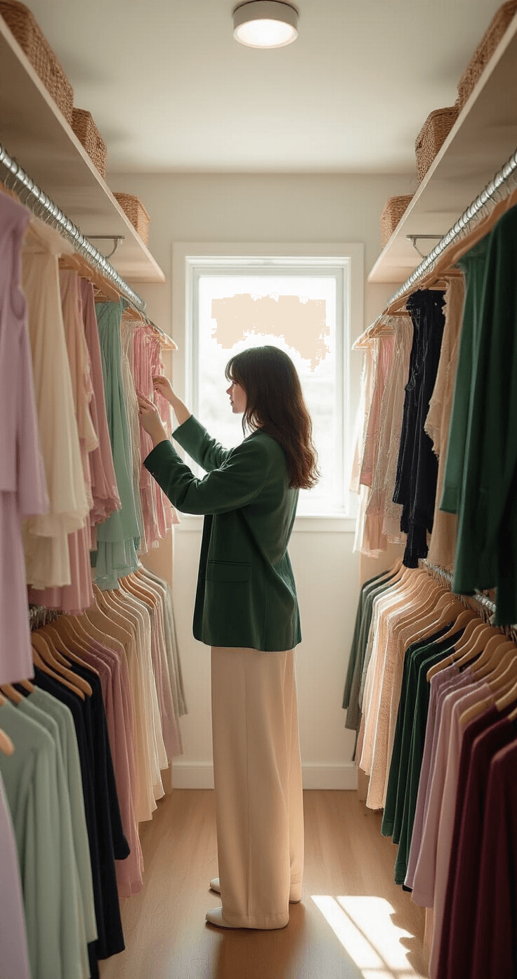 A young woman organizes seasonal cosplay costumes in a well-lit walk-in closet, wearing a forest green blazer and cream wide-leg pants. The closet features color-coordinated summer and winter pieces, showcasing various textures, along with clear accessory storage solutions and wooden shoe racks, creating a methodical and satisfying atmosphere of wardrobe curation.