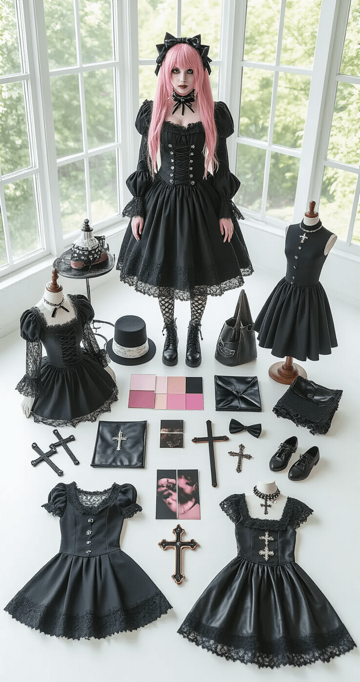A cozy studio flat lay featuring various Misa Amane cosplay styling options, including gothic black dresses, punk accessories, wig styles, cross necklaces, fabric swatches, color palette cards, and styling tools, all arranged on a clean white surface with bright natural lighting.