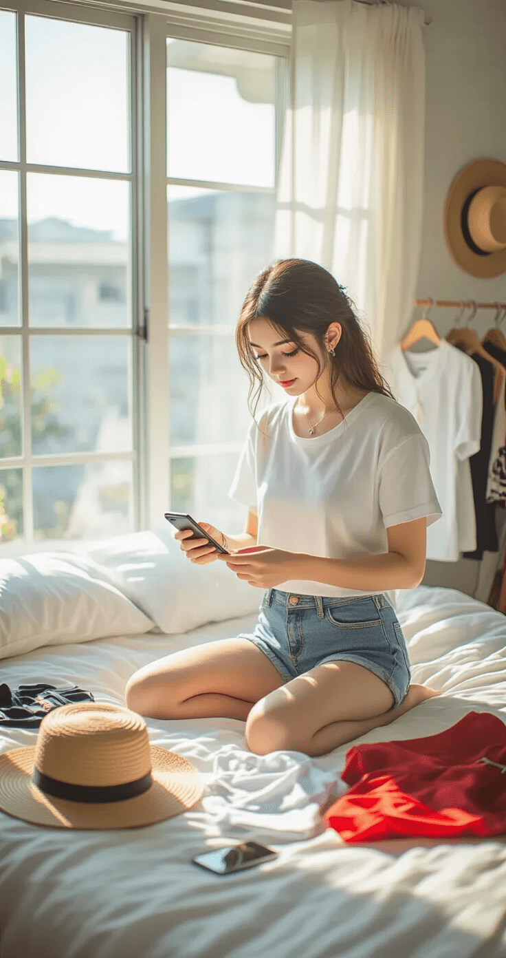 Cosplay Fácil: Criar Fantasias Incríveis com Zero Esforço A young woman in a white t-shirt and denim shorts organizes cosplay pieces on a neatly made bed in a bright, airy bedroom. Natural light streams through large windows, illuminating anime-inspired accessories like school uniform pieces and a straw hat. A smartphone rests nearby, capturing the relaxed DIY cosplay preparation in a pastel and neutral-toned minimalist space.