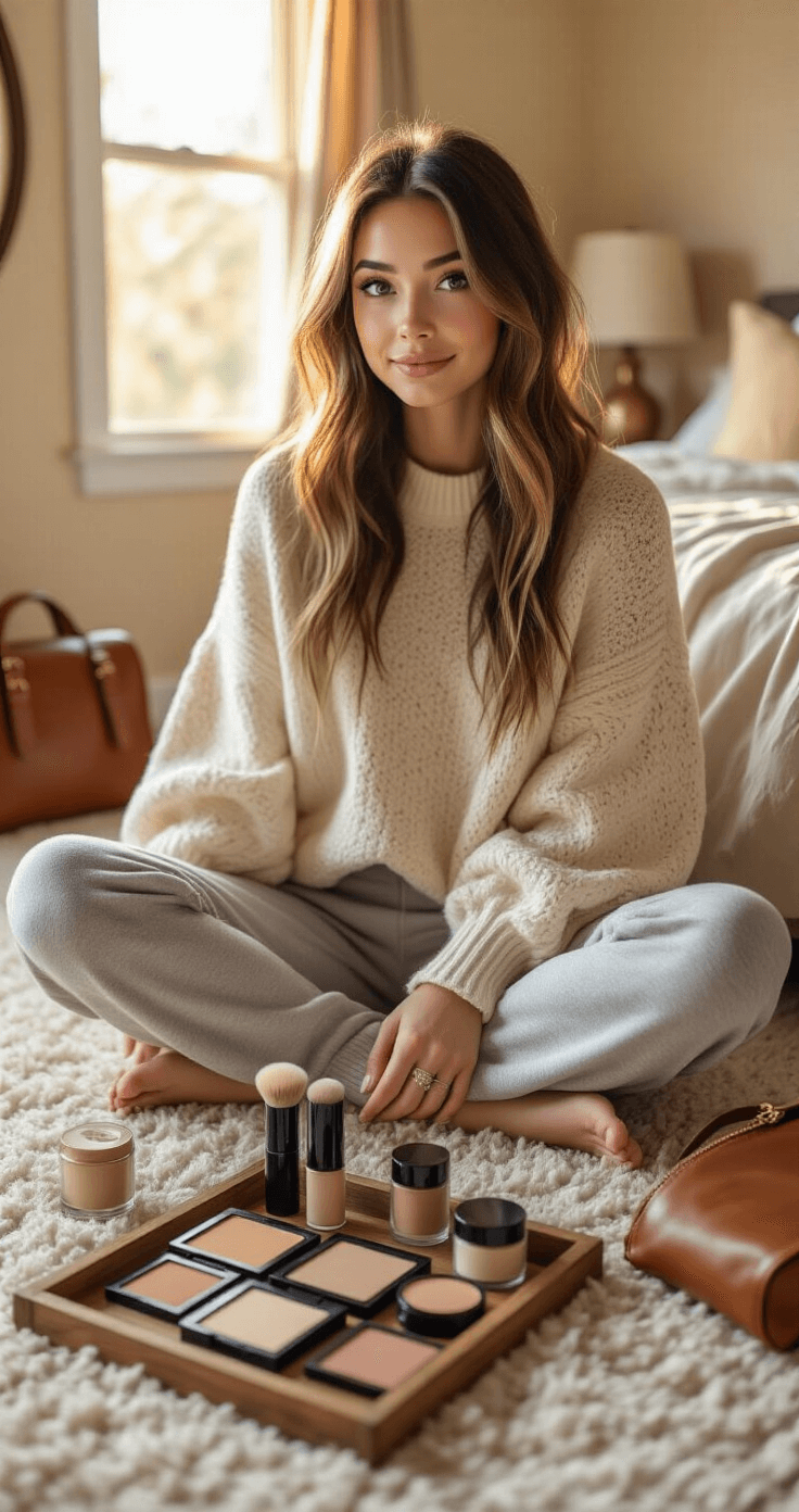 A young woman in athleisure wear sits cross-legged in a cozy bedroom corner, surrounded by organized makeup supplies on a vintage wooden tray, glowing in warm golden hour light.
