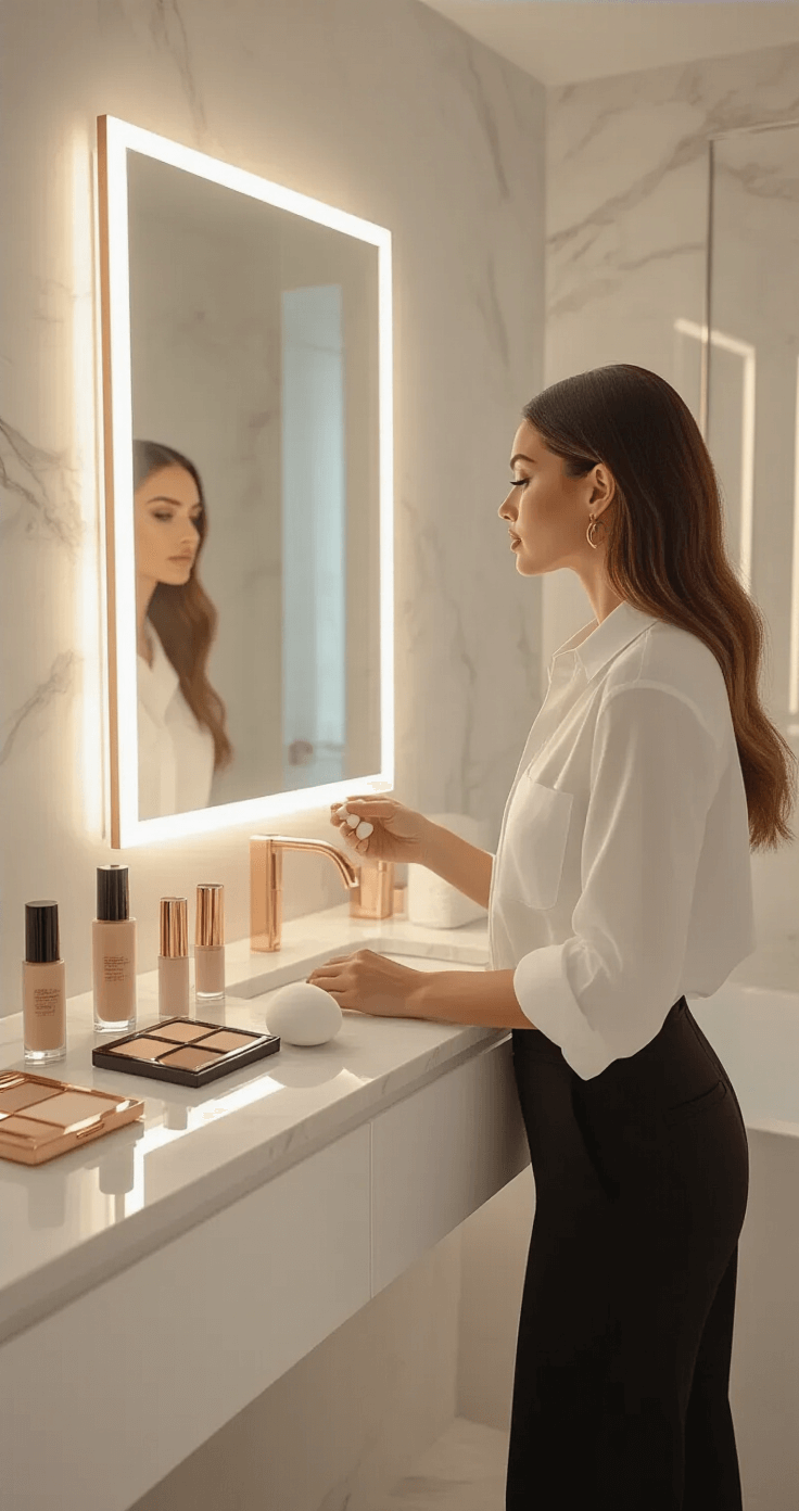 A stylish woman in a white button-down shirt and high-waisted black trousers applies foundation in a modern, minimalist bathroom with a marble countertop, showcasing premium makeup products in a bright, airy setting.