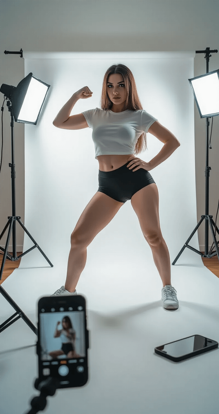 Cosplay Fácil: Criar Fantasias Incríveis com Zero Esforço A woman poses as Videl from Dragon Ball in a bright, minimalist home studio, wearing a fitted white t-shirt and black athletic shorts. The setup features clean white walls, professional lighting, and smartphones with editing apps, highlighting the empowering nature of DIY cosplay photography.