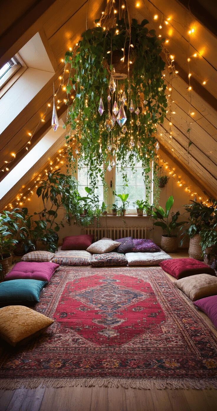 Magical DIY Fairy Lights: Transform Your Space with Enchanting Illumination A cozy meditation space in a converted attic featuring a sloped ceiling adorned with fairy lights and hanging plants. Jewel-toned floor cushions are arranged on a vintage Moroccan rug, while crystal prisms cast rainbow reflections in the dawn light mixed with warm LED glow, creating a serene and spiritual atmosphere.