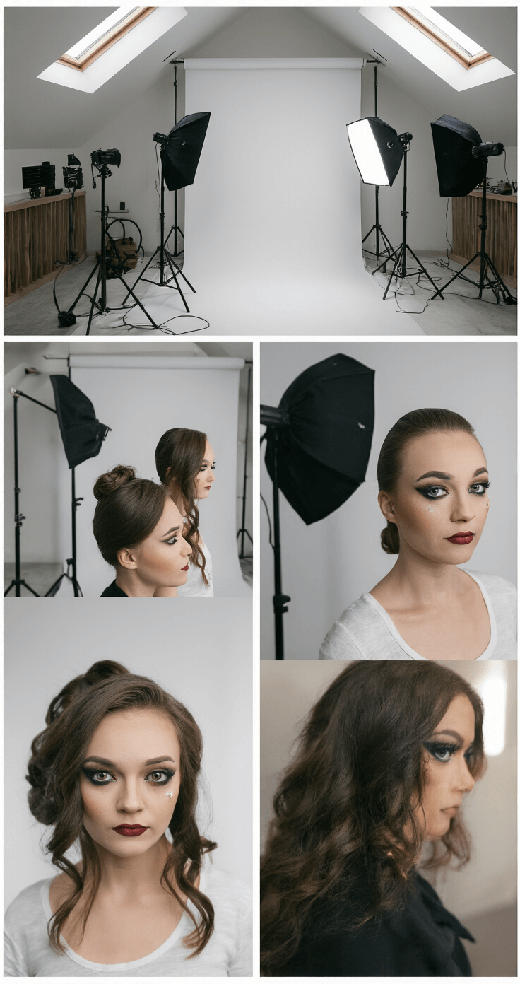 The Ultimate Guide to Cosplay Makeup: Transform Into Your Favorite Characters A bright photography studio with natural light from skylights, showcasing a character transformation with multiple angles, professional lighting equipment, and detailed shots of makeup and special effects.