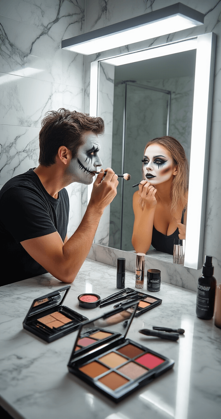 A contemporary bathroom features a couple applying theatrical Halloween makeup under professional lighting, with a marble countertop displaying neatly arranged makeup products and tools. The mirror reflects their detailed special effects makeup work, highlighting skincare and beauty elements in bright, crisp photography.
