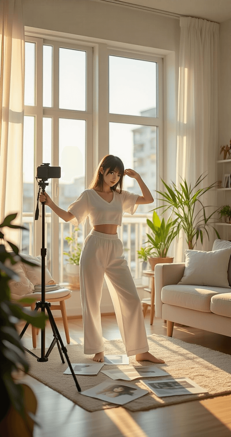 Cosplay Fácil: Criar Fantasias Incríveis com Zero Esforço A woman demonstrates posing techniques in a sunlit modern apartment living room, dressed in white cotton anime-inspired separates. The scene features a smartphone on a makeshift tripod, natural lighting, pose reference images, comfortable furniture, and plants, highlighting accessible cosplay photography in a relatable home environment during golden hour.