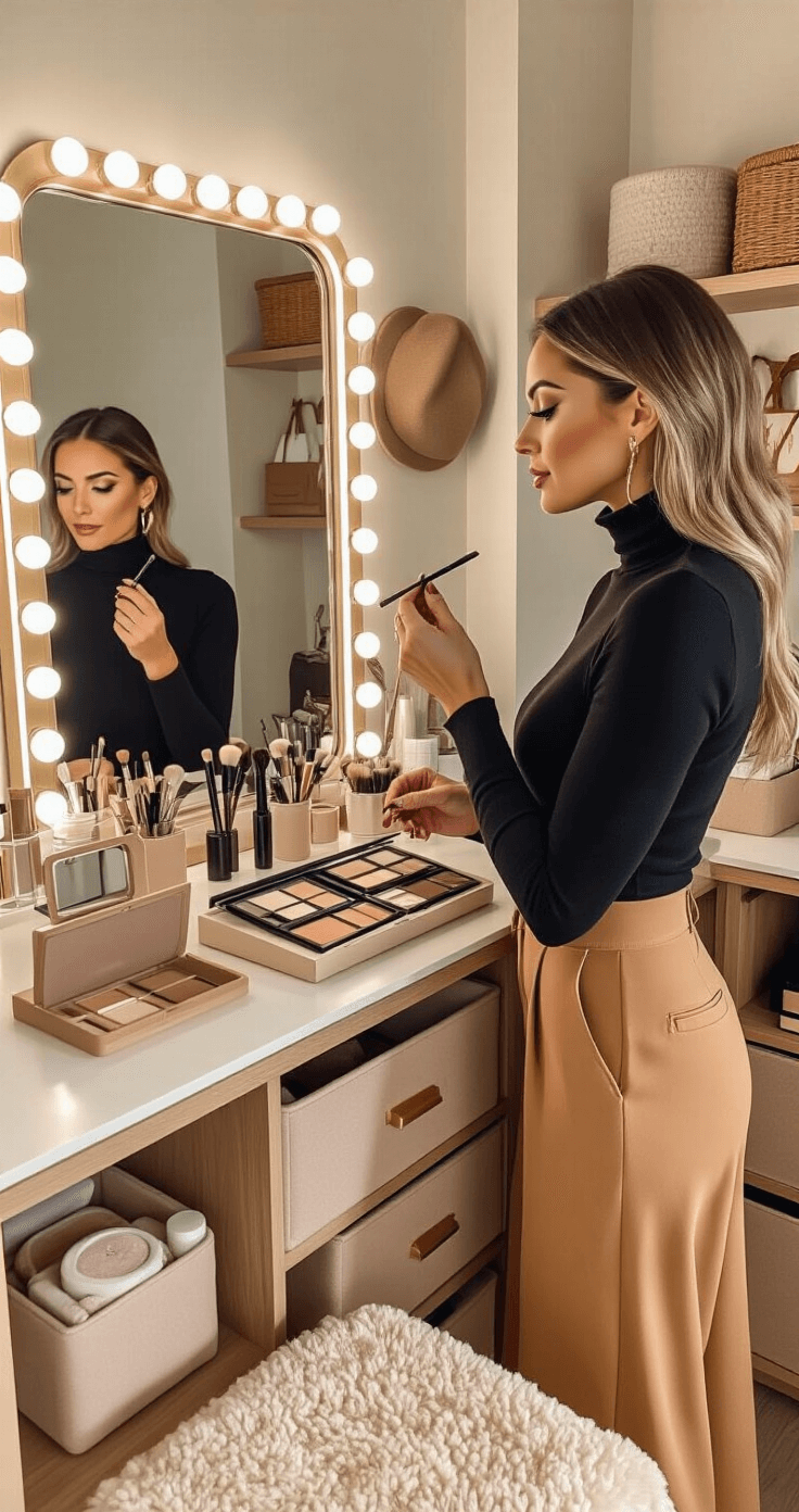 A stylish woman in a black turtleneck and camel trousers stands at a well-organized makeup station in a bright walk-in closet corner. She is focused on her eyebrows in front of a tri-fold mirror, surrounded by various eyebrow tools and products. The scene features warm colors, rich textures, and a blend of natural and LED lighting, creating an aspirational yet accessible atmosphere.