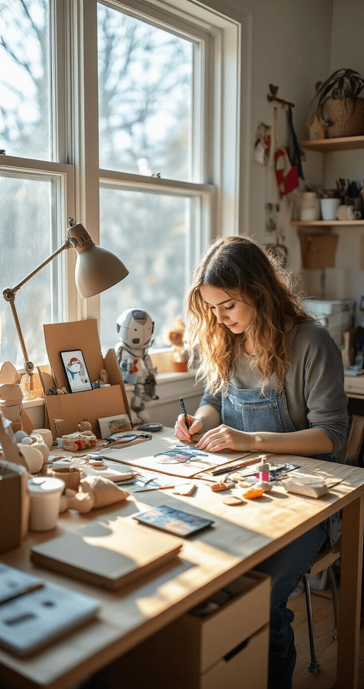 Cosplay Fácil: Criar Fantasias Incríveis com Zero Esforço A bright, organized craft room corner filled with cosplay accessories and props being assembled, featuring a creative woman using cardboard, fabric markers, and sewing supplies. Natural daylight illuminates the workspace, highlighting various materials and both finished and work-in-progress pieces. A smartphone displays reference images, alongside measuring tools, capturing the DIY spirit of accessible cosplay prop making in a home environment.