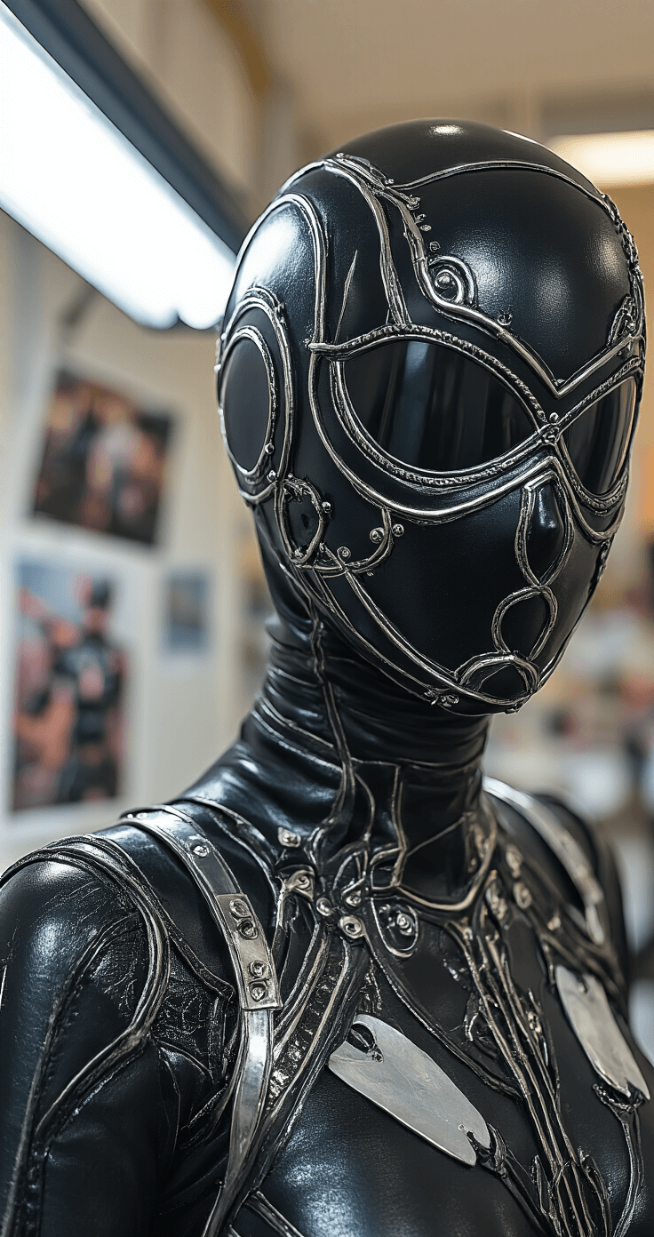 Your Ultimate Guide to 2025 Cosplay Trends: From Closet to Convention-Ready Close-up of a 2B cosplay in progress, featuring a black bodysuit with intricate accessories. The studio lighting emphasizes metallic elements and fabric textures. The workstation displays reference images and silver trim pieces, showcasing detailed costume assembly with a macro lens highlighting fine details and dramatic lighting.