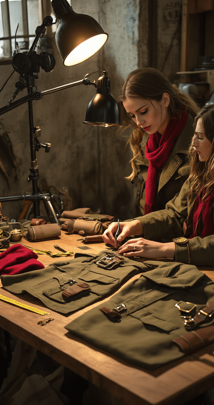 Ultimate Mikasa Ackerman Cosplay A woman's hands modify a thrifted military jacket on a crafting table filled with various DIY materials, including rough canvas, metallic buckles, red felt, and brown leather strips, illuminated by warm amber lighting that casts dramatic shadows.