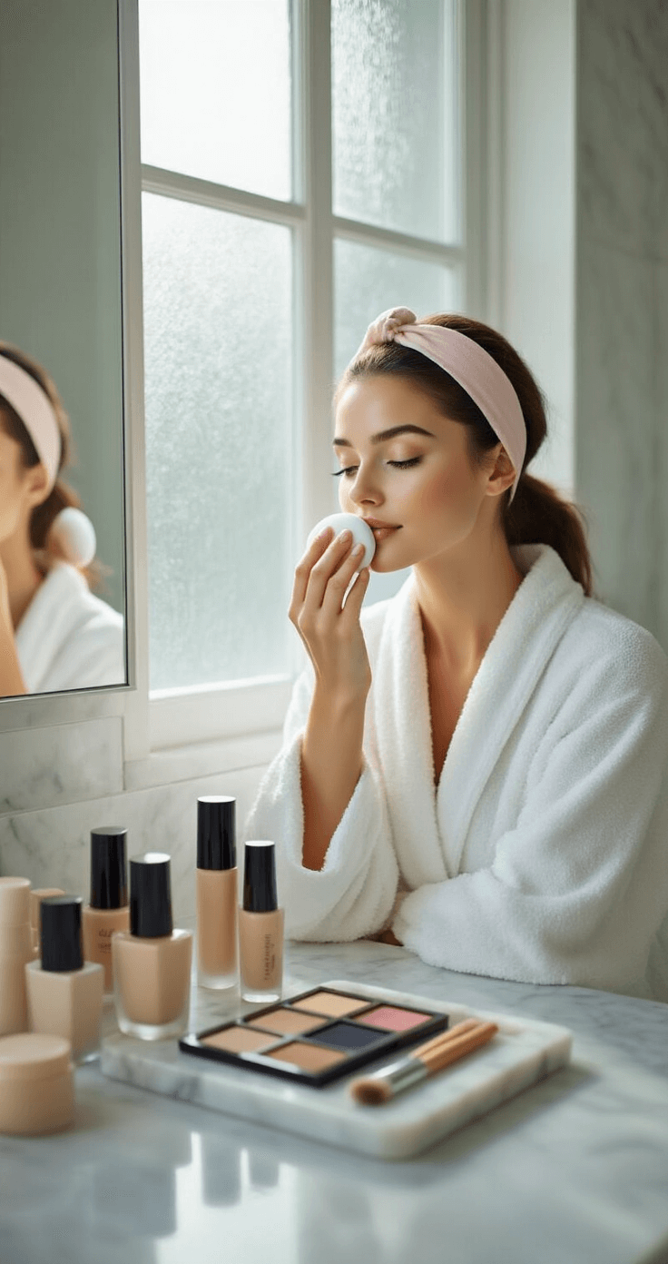 Miku Cosplay Makeup: Ultimate Guide to Nailing the Vocaloid Look Young woman applying full-coverage foundation in a bright, airy bathroom with white marble countertops, natural light from frosted windows, organized high-end makeup products on a marble tray, wearing a white robe and pink headband.